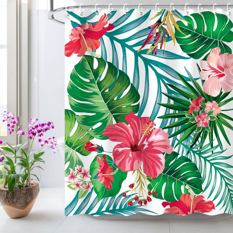 LIVILAN Floral Shower Curtain, Green Shower Curtain, Tropical Shower Curtains for Bathroom, Flower Shower Curtain, Botanical Shower Curtain Set with 12 Hooks, Plant Bathroom Decor, 72X72 inches - Image 2